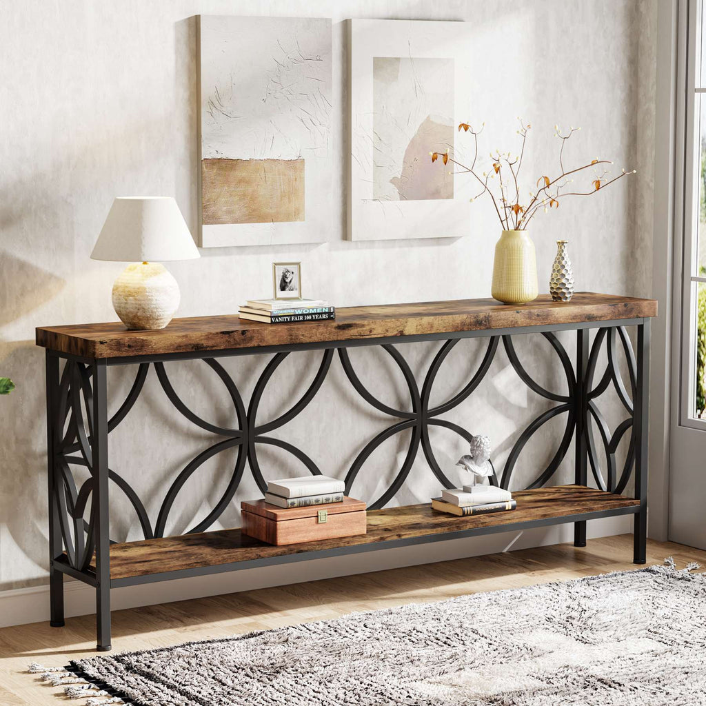 Ring pattern metal frame detail on the 2 tier console table