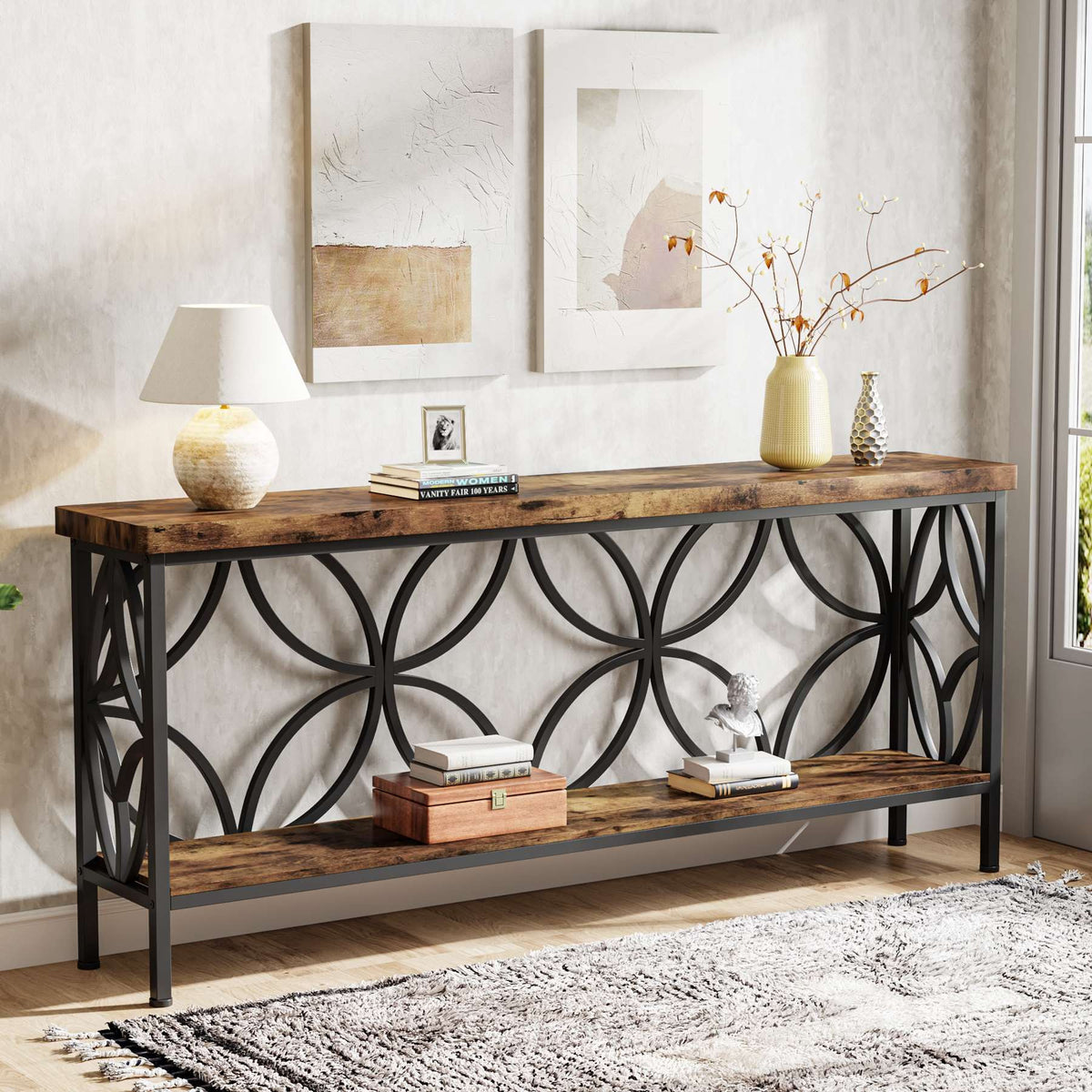 Ring pattern metal frame detail on the 2 tier console table