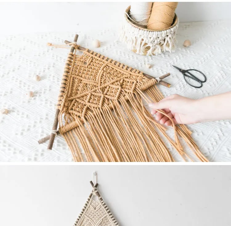 Close weave detail of khaki macrame wall hanging, view 3