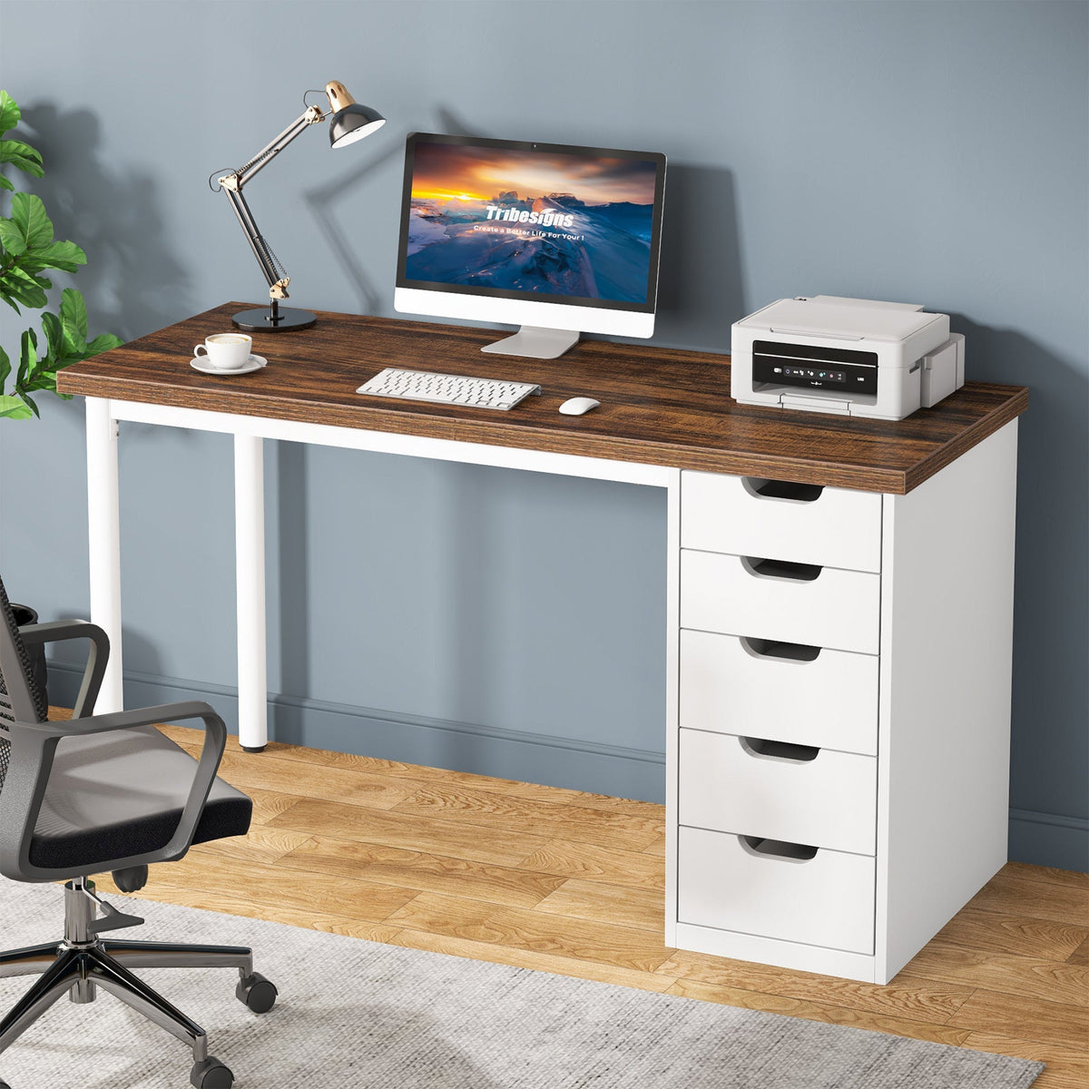 Stowena 47 inch computer desk with 5 white drawers and a brown top
