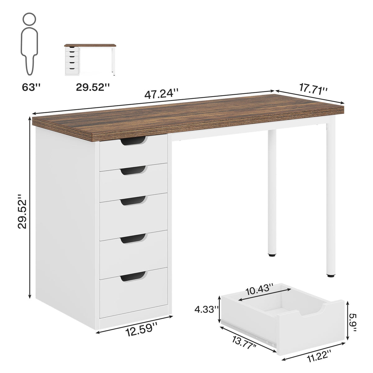 Dimension diagram: 47.24 x 17.71 x 29.52 in with drawer interior sizes