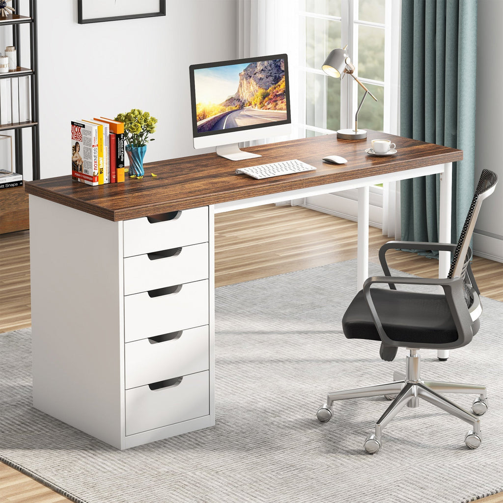 Brown and white desk with a monitor, books and an office chair