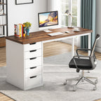 Brown and white desk with a monitor, books and an office chair