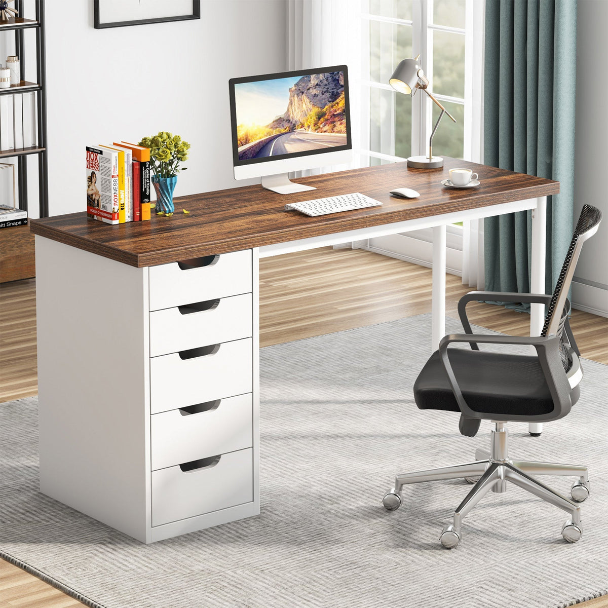 Brown and white desk with a monitor, books and an office chair