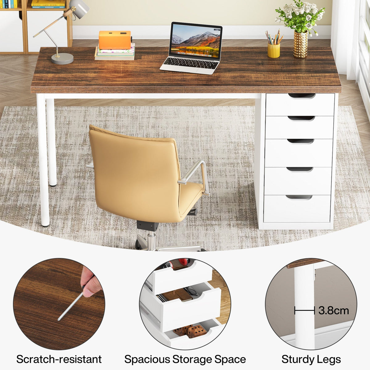 Scratch resistant surface, storage space and sturdy leg detail callouts