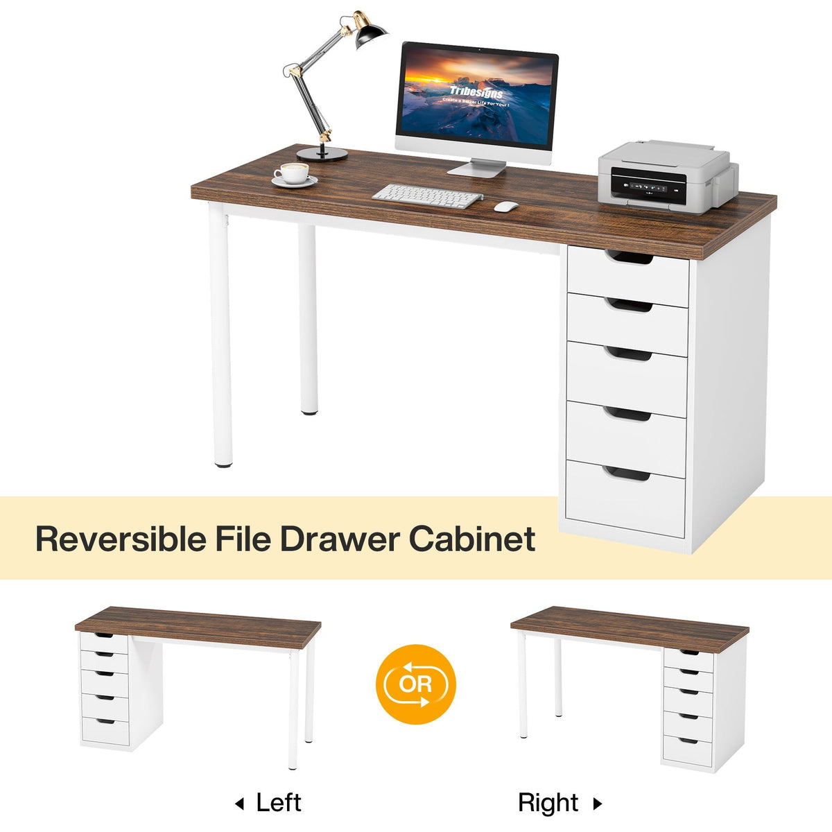 Reversible file drawer cabinet shown mounted on the left or the right