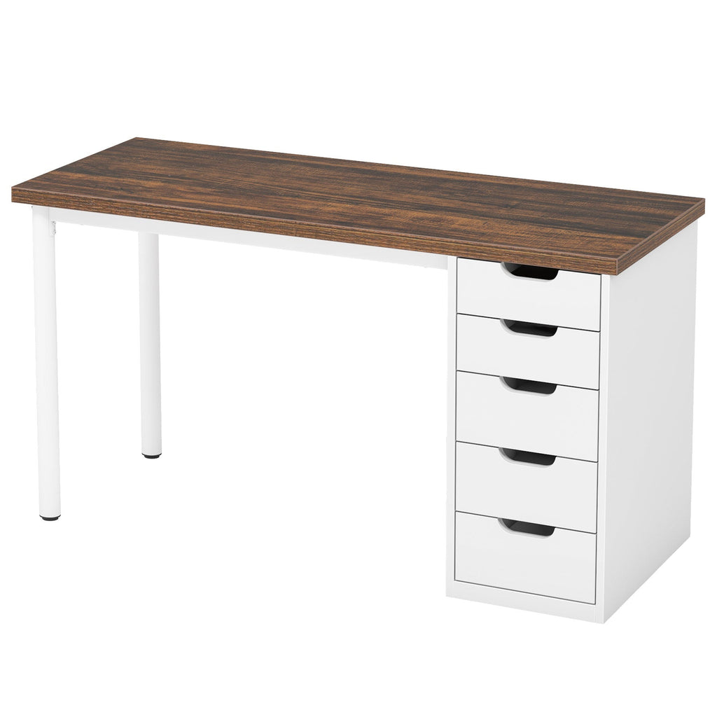 Brown and white 47 inch desk with five drawers on a plain background