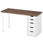 Brown and white 47 inch desk with five drawers on a plain background