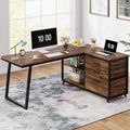 Stowena 53 inch reversible L shaped desk in rustic brown with two monitors in a home office