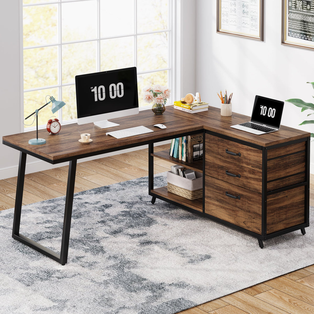 Stowena 53 inch reversible L shaped desk in rustic brown with two monitors in a home office