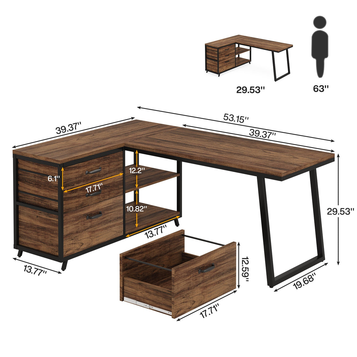 Dimension diagram: 53.15 x 39.37 x 29.53 in with drawer and cabinet measurements