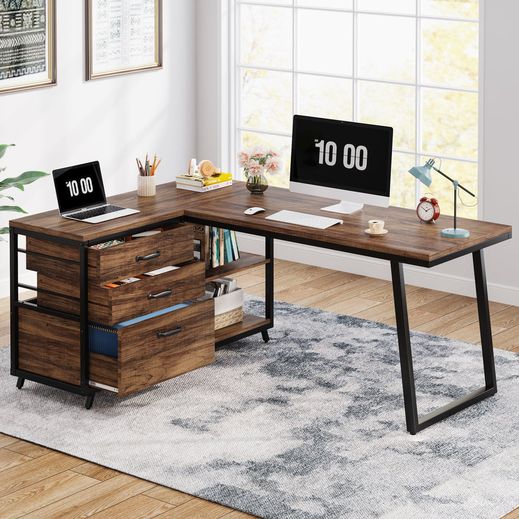 L shaped desk with monitor and decor showing the drawer cabinet side