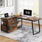 L shaped desk with monitor and decor showing the drawer cabinet side