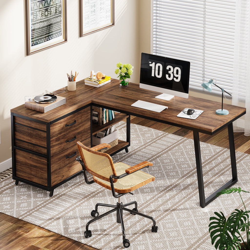 Corner desk setup with a rattan chair and monitor in a bright room