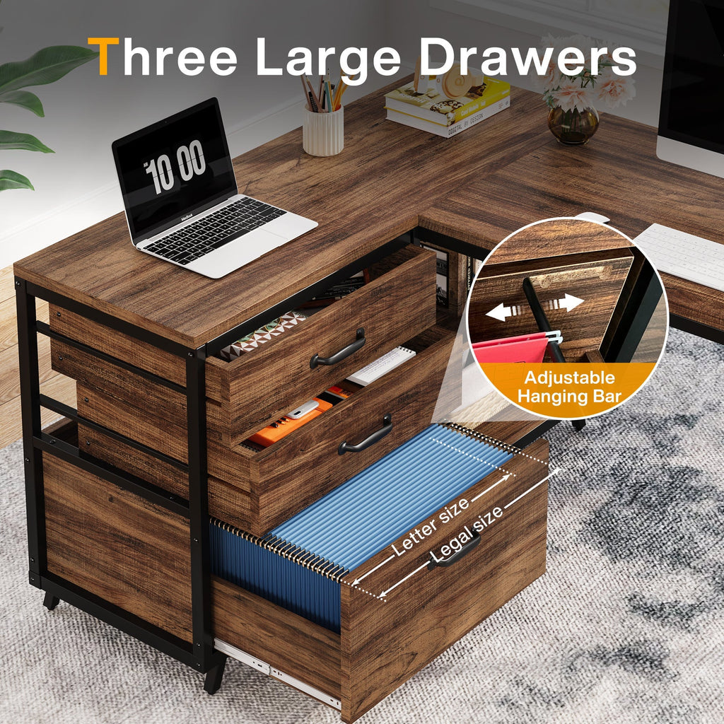 Detail: three drawers open showing the adjustable hanging file bar for letter and legal folders