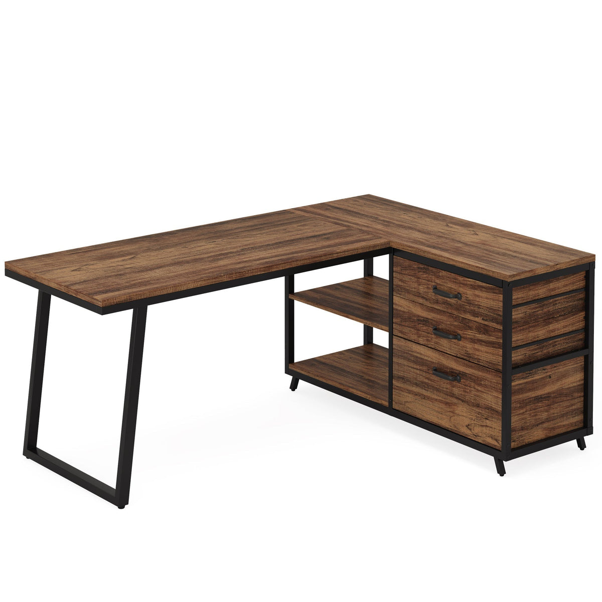 Rustic brown L shaped desk with drawers and shelves on a white background