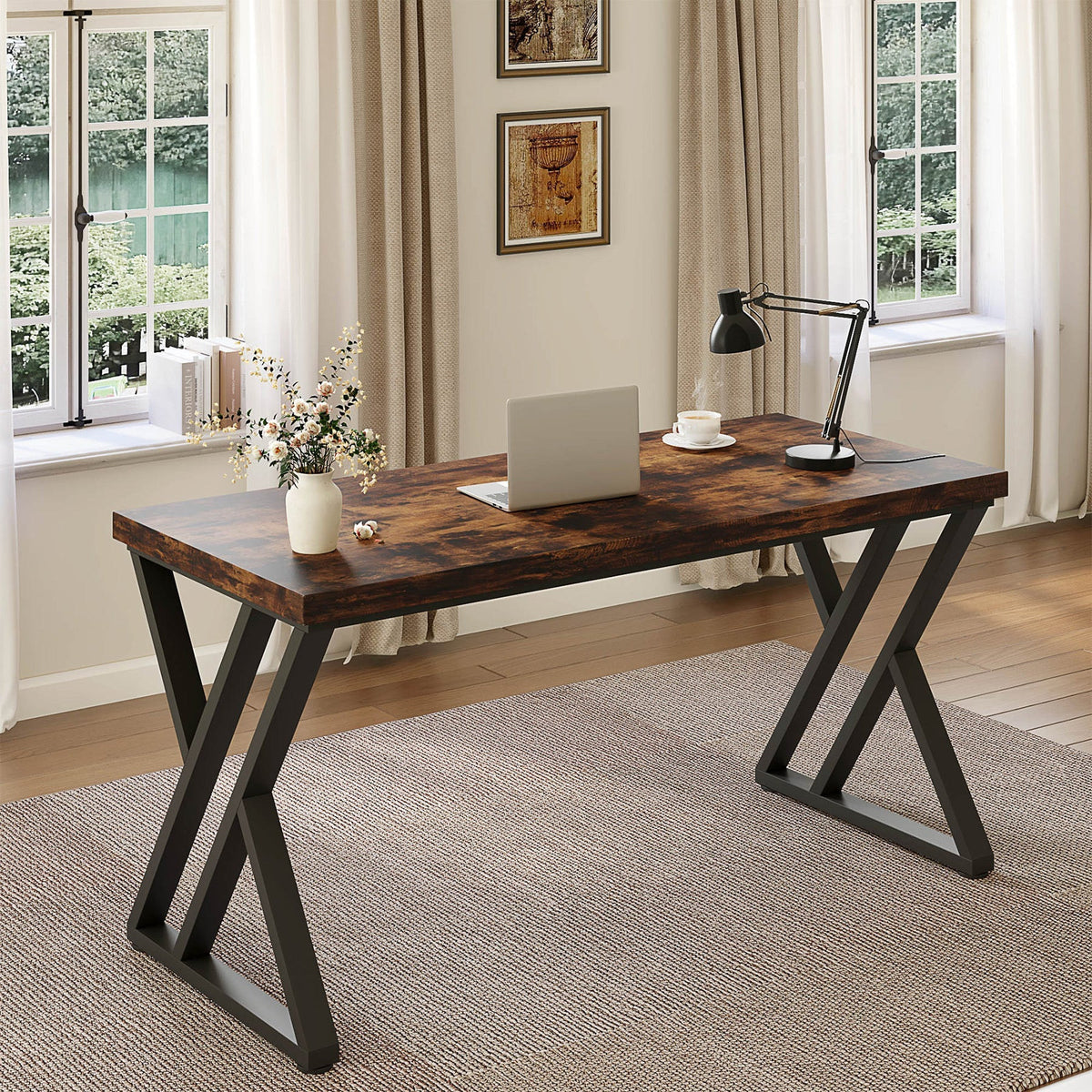 Stowena 55 inch heavy duty computer desk with Z shaped steel legs, laptop and lamp on top