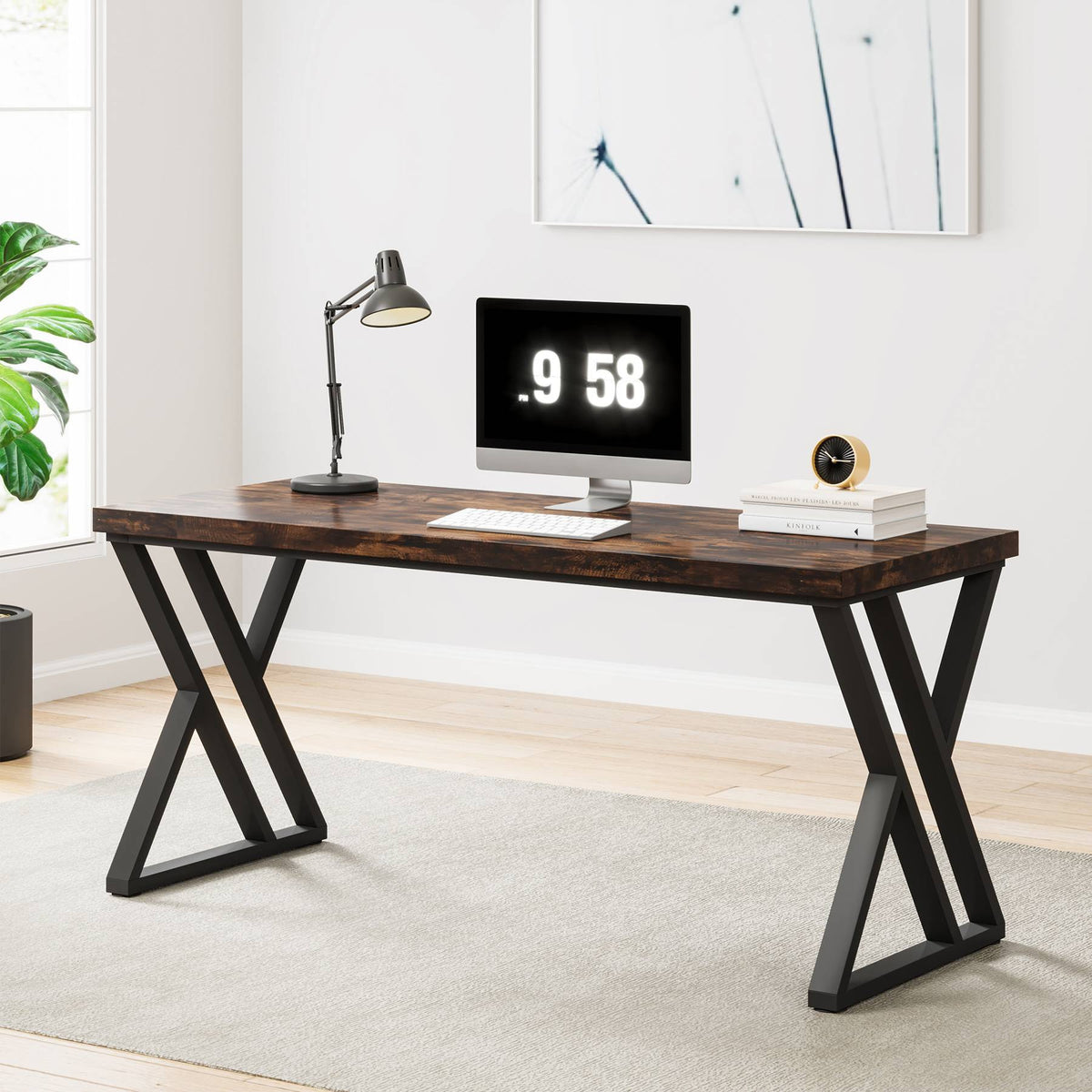 Rustic brown desk with monitor and desk lamp in a home office