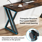 Detail: triangular Z-leg structure with four-point support and adjustable foot pads