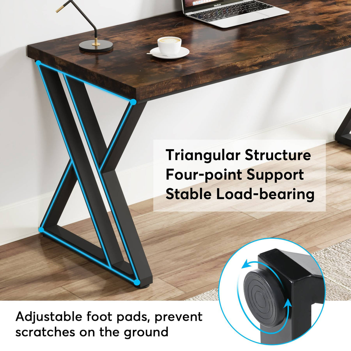 Detail: triangular Z-leg structure with four-point support and adjustable foot pads