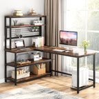 Brown L shaped desk with a hutch and mesh panel holding a monitor, books and plants