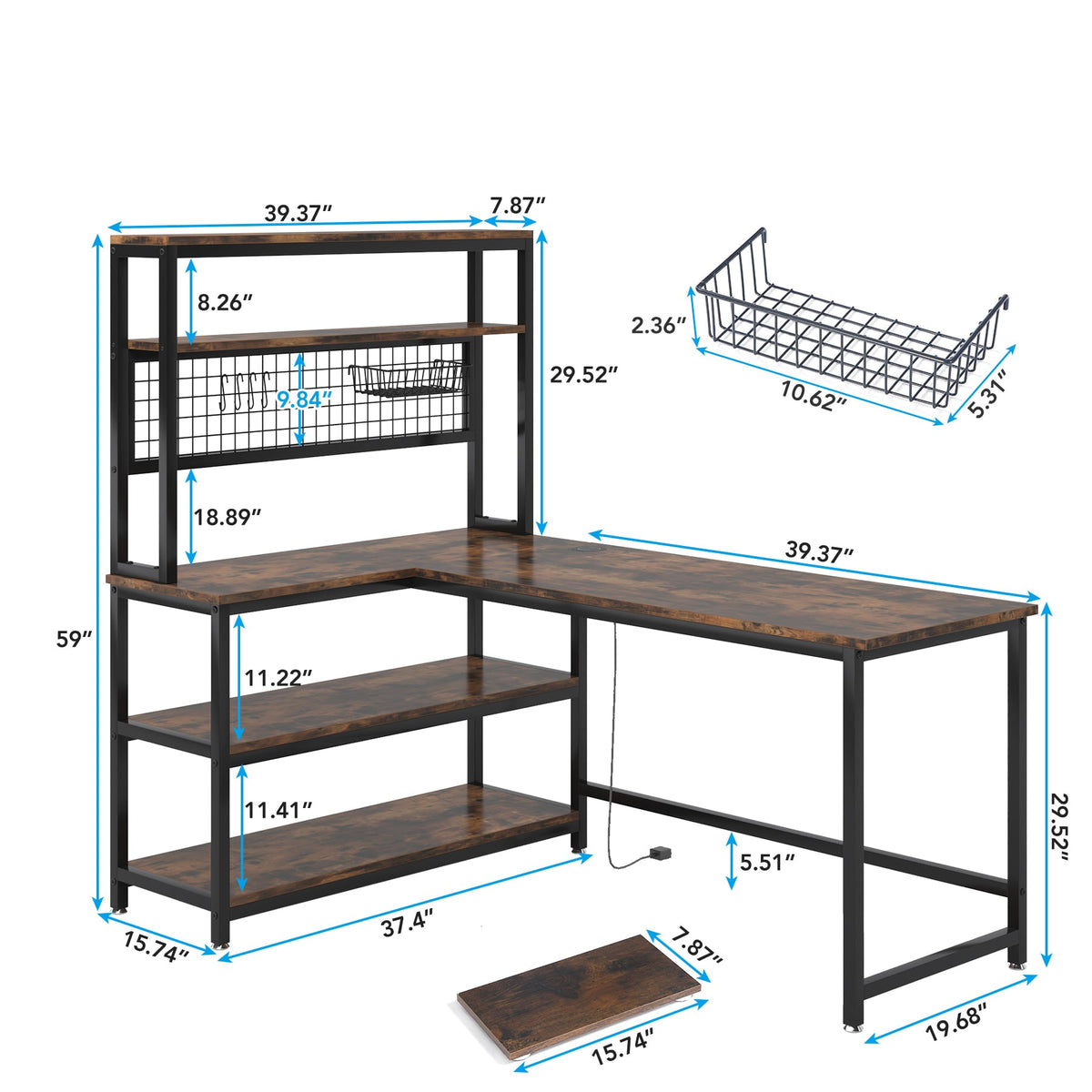 Dimension diagram showing the 55 inch desk, the 37.4 inch return and a 59 inch overall height