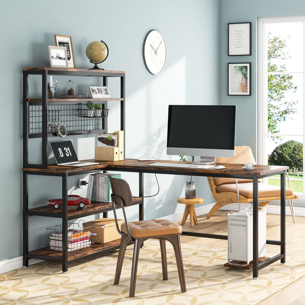 The L shaped desk in a home office with a monitor, chair and storage on the hutch shelves