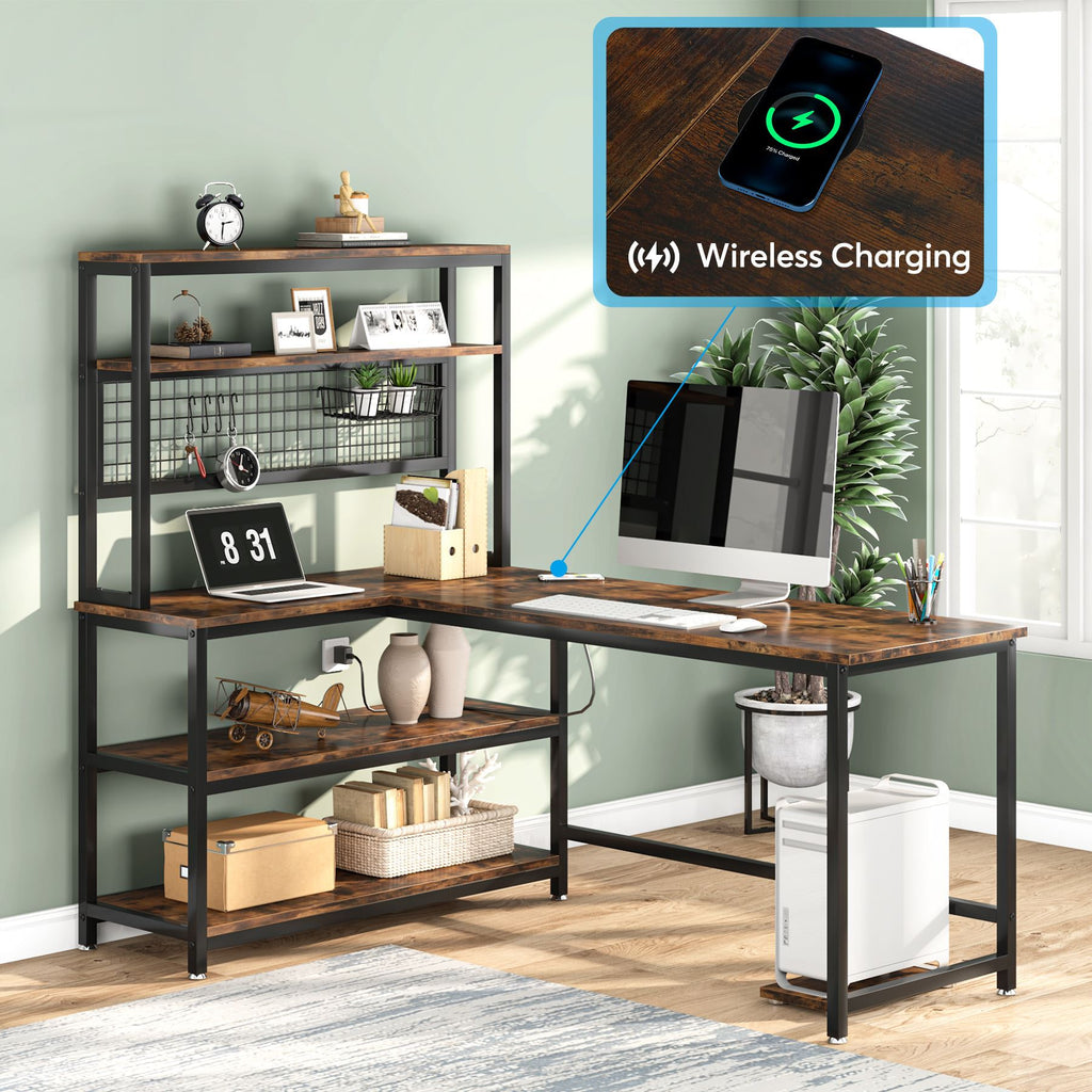 The desk with the wireless charging pad marked and a phone charging on the surface
