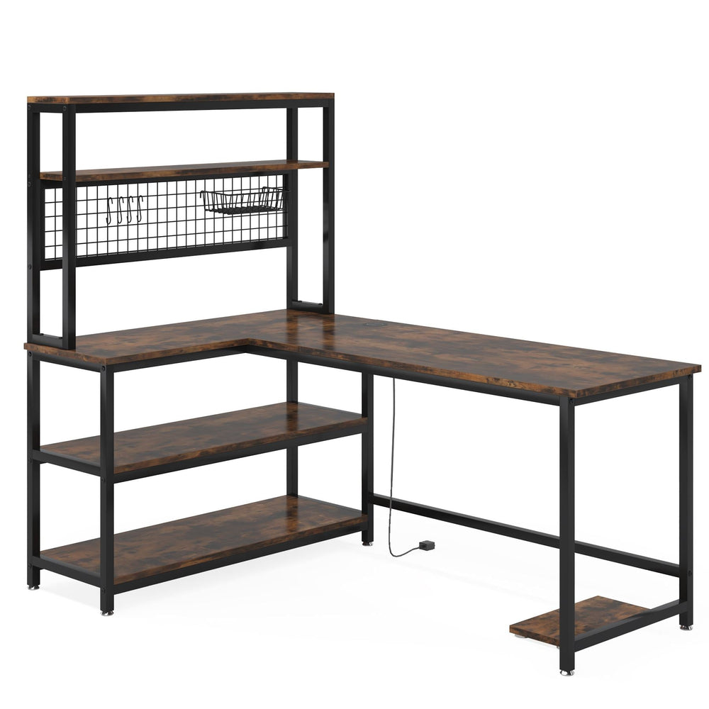 Brown L shaped desk with hutch photographed against a plain background
