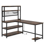 Brown L shaped desk with hutch photographed against a plain background