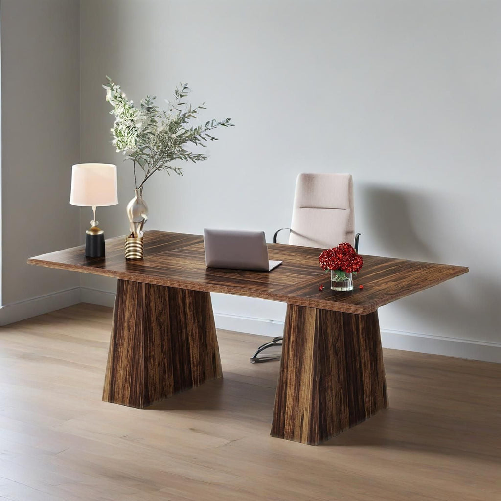Stowena 63 inch double pedestal executive desk in rustic brown with a laptop and table lamp in a home office