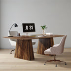 Double pedestal desk with a white monitor showing a flip clock, notepad and desk lamp
