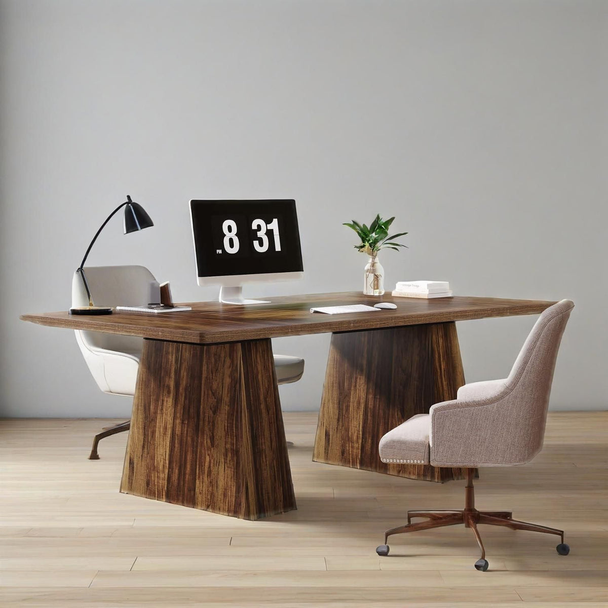 Double pedestal desk with a white monitor showing a flip clock, notepad and desk lamp