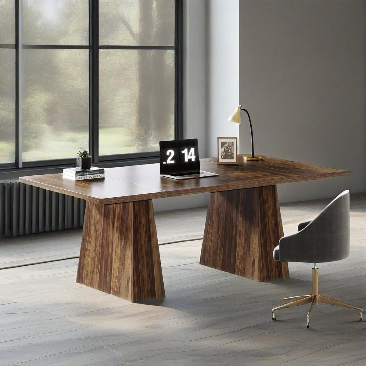 Rustic brown 63 inch desk by a window with a laptop, gooseneck lamp and book stack