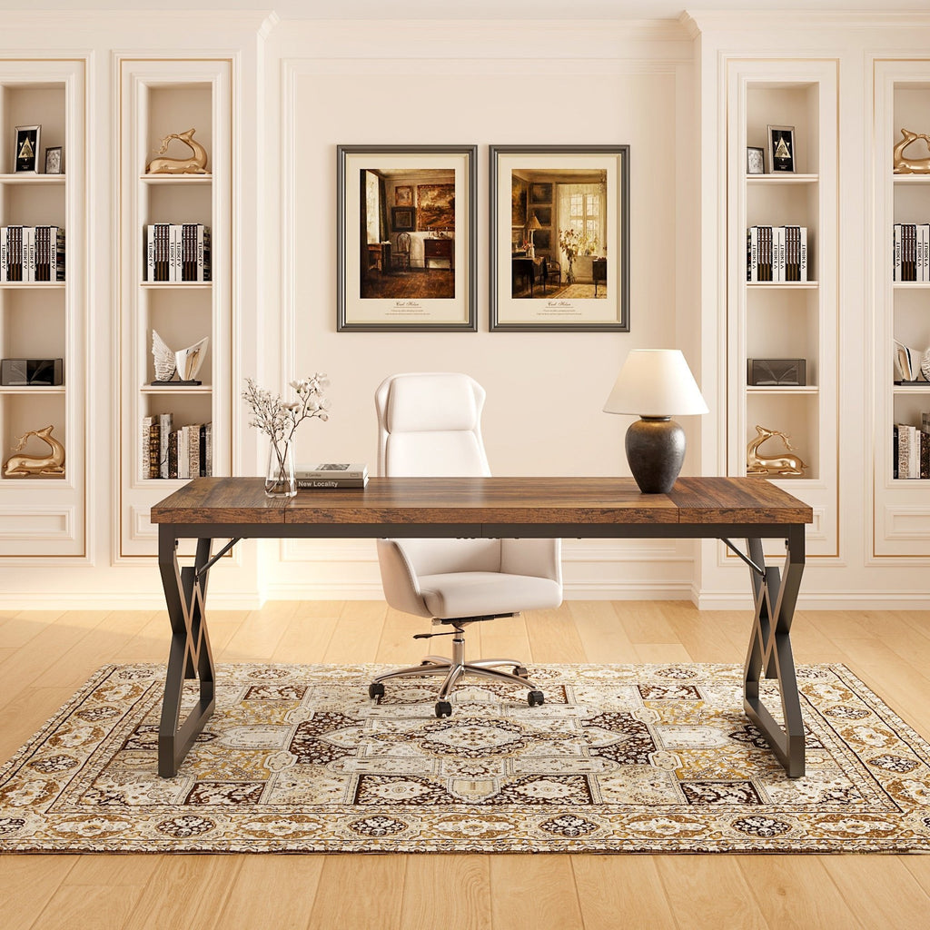 Stowena 63 inch executive desk in vintage brown with black triangle legs in a home office with bookcases