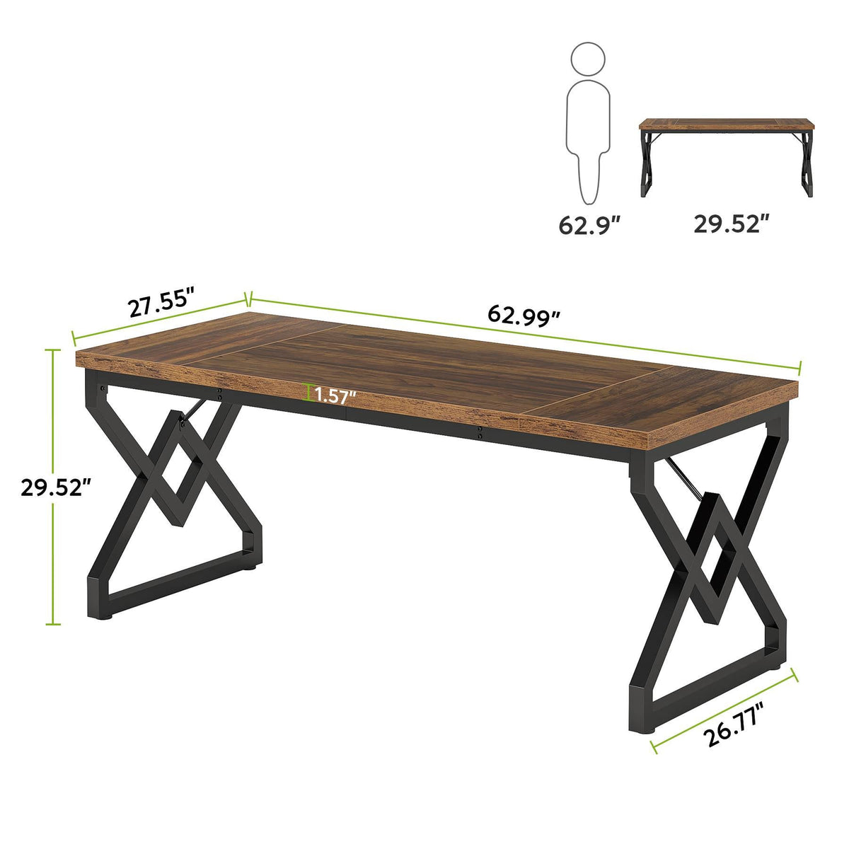 Dimension diagram: 62.99 in wide, 27.55 in deep, 29.52 in tall with 1.57 in thick top
