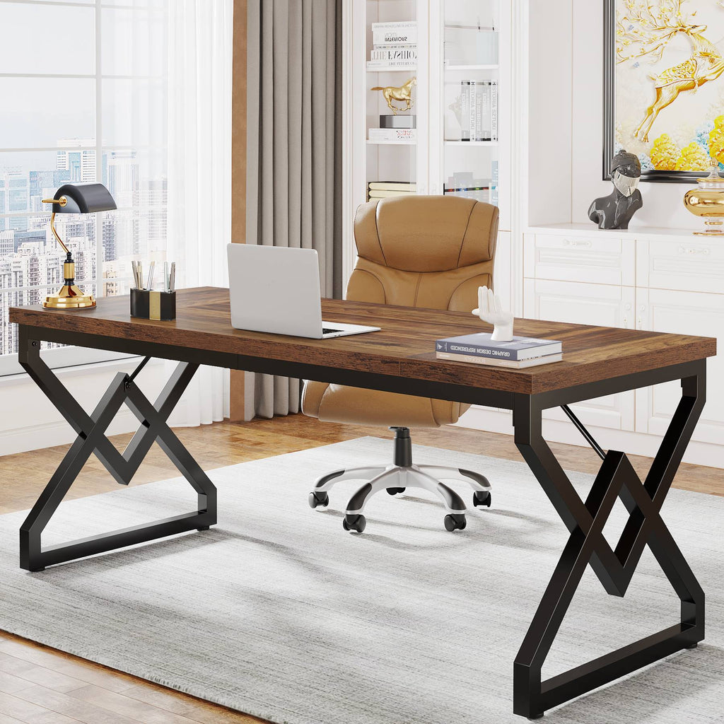 63 inch desk with a laptop showing the welded triangular black steel legs