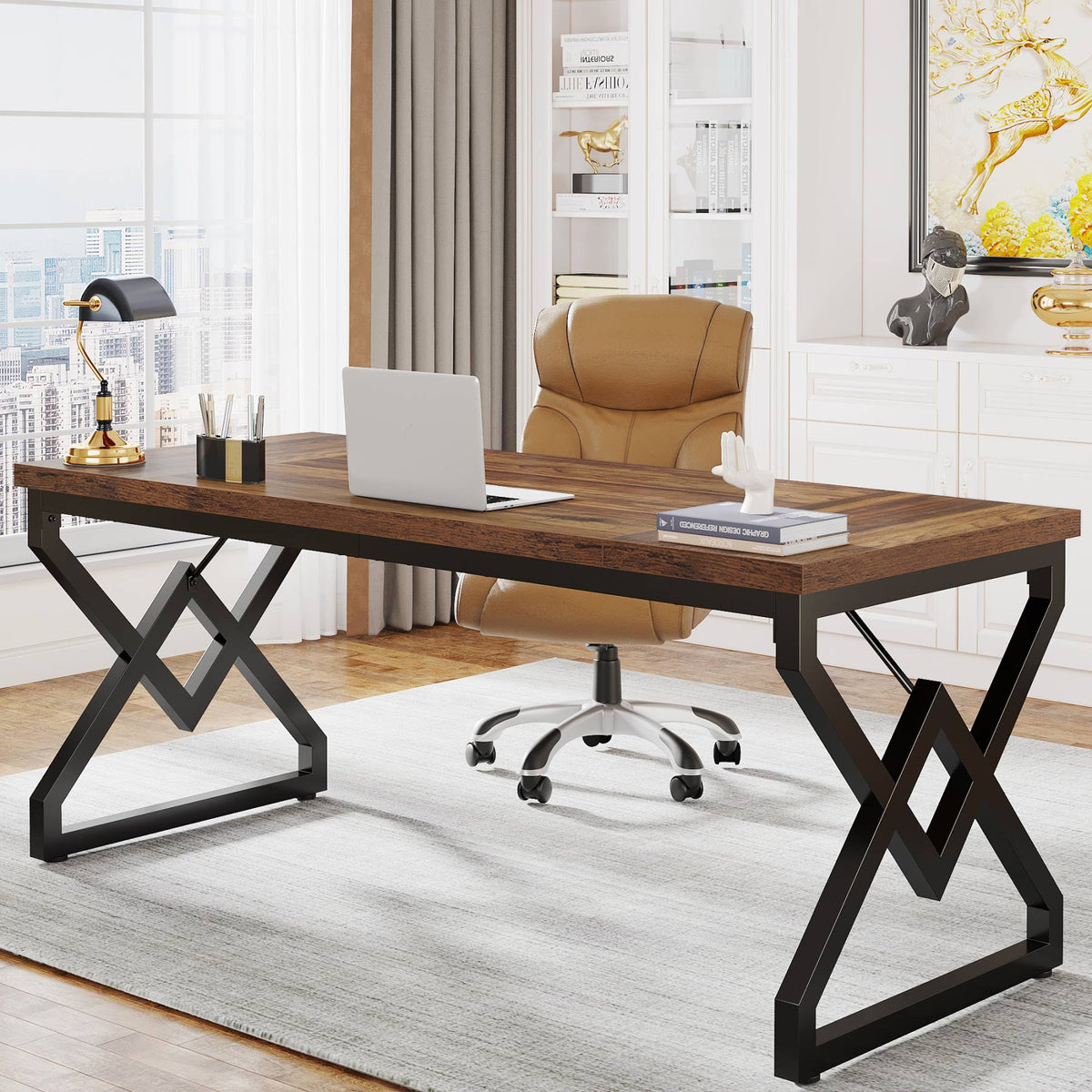 63 inch desk with a laptop showing the welded triangular black steel legs