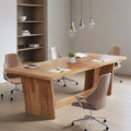 Stowena 70.87 inch executive desk in natural walnut as a meeting table with four office chairs
