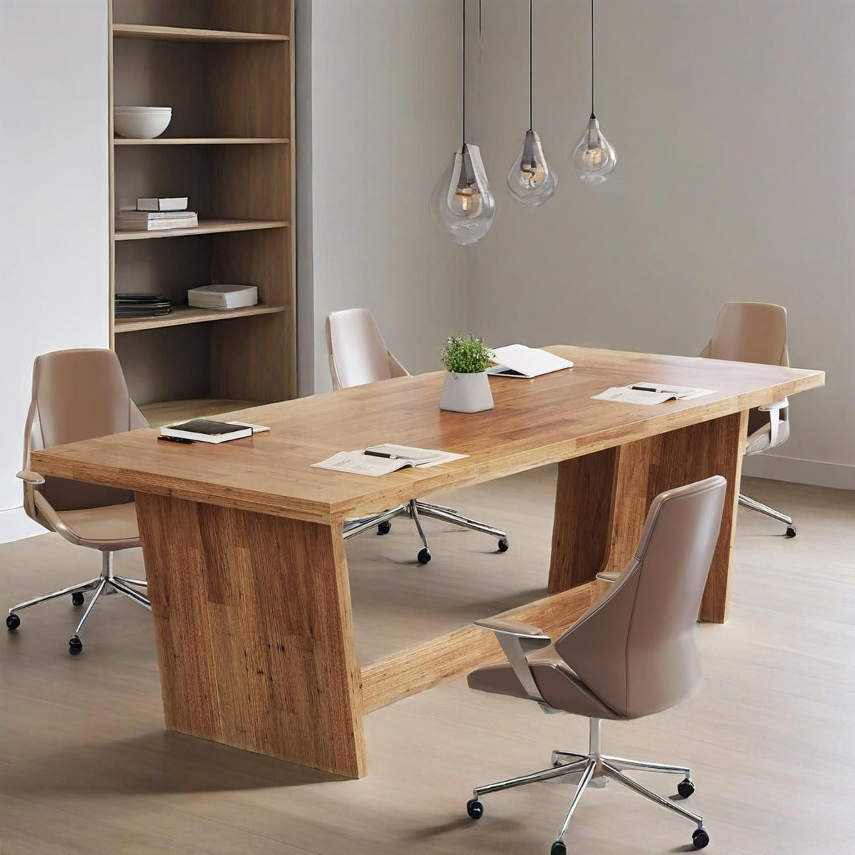 Stowena 70.87 inch executive desk in natural walnut as a meeting table with four office chairs