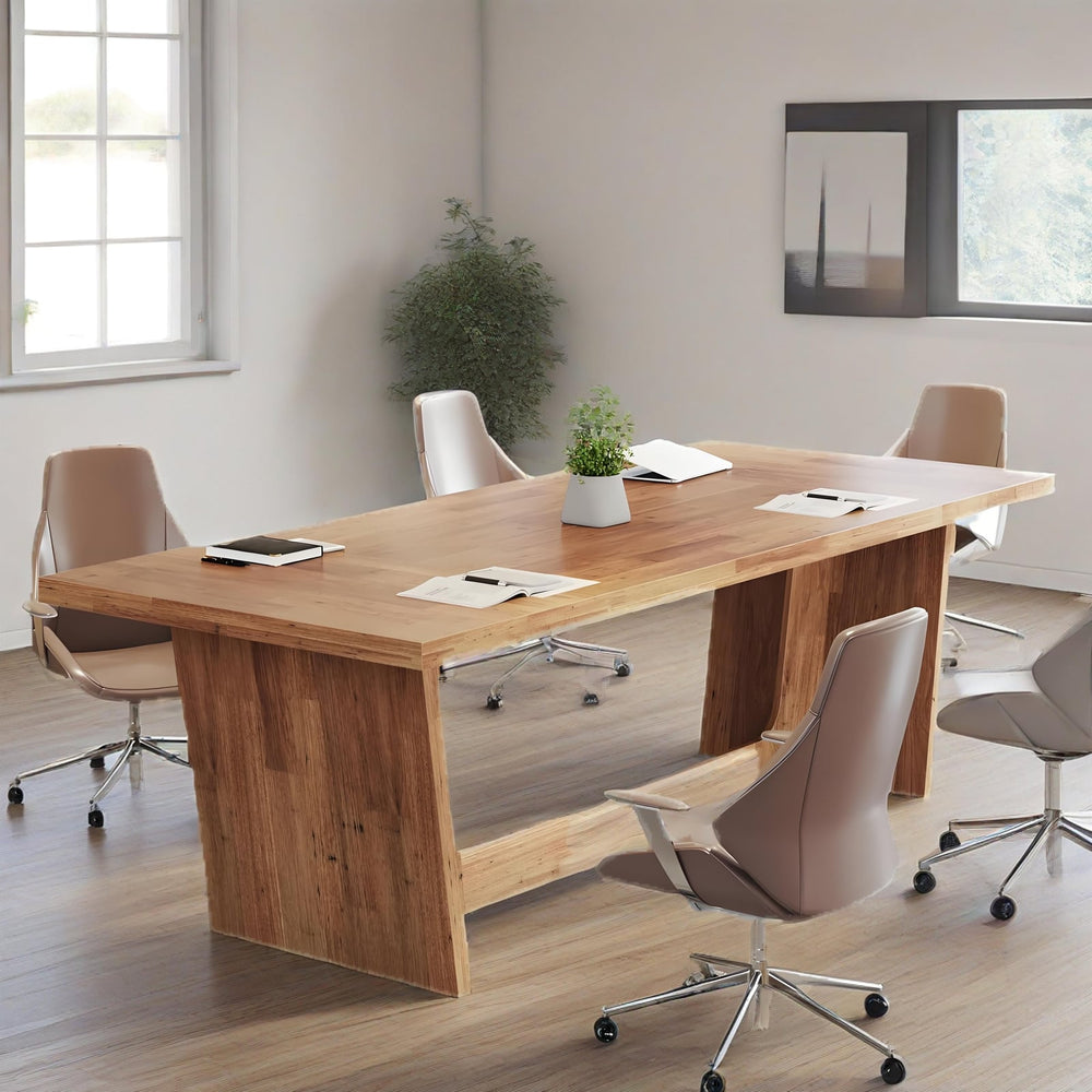 70.87 inch pedestal base desk with a plant, papers and a closed laptop in an office