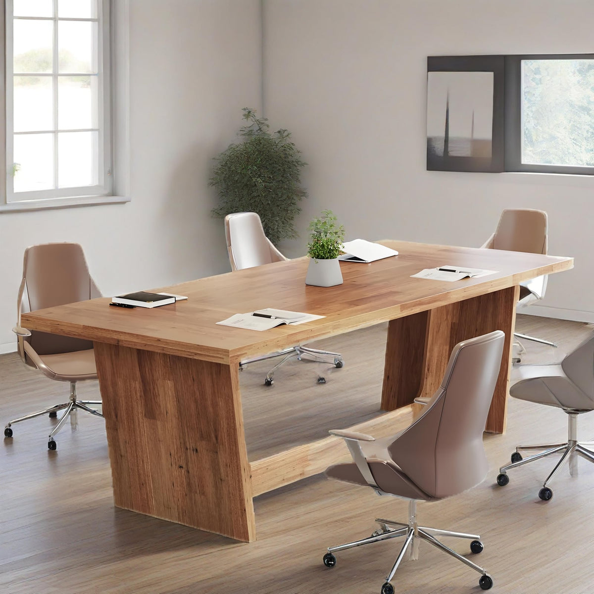70.87 inch pedestal base desk with a plant, papers and a closed laptop in an office