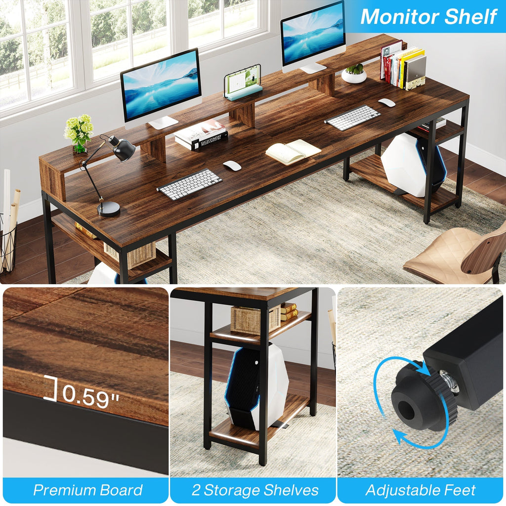 Feature graphic showing the monitor shelf, the tabletop thickness, the storage shelves and adjustable feet