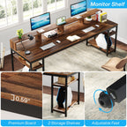 Feature graphic showing the monitor shelf, the tabletop thickness, the storage shelves and adjustable feet