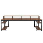 Rustic brown two person desk photographed against a plain background from the front
