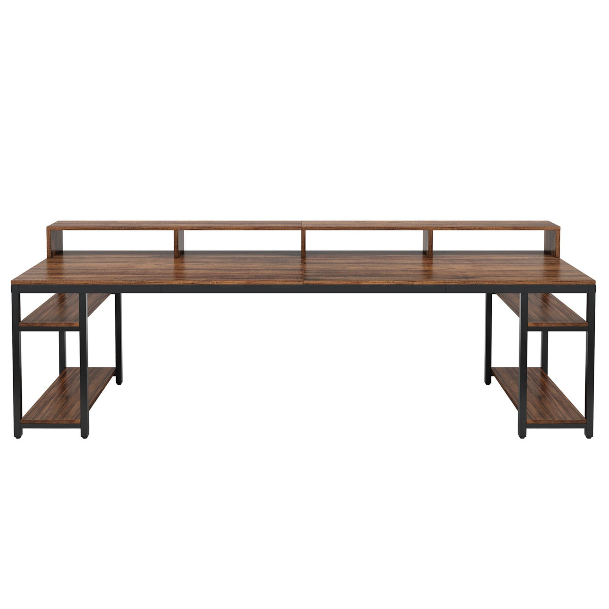 Rustic brown two person desk photographed against a plain background from the front