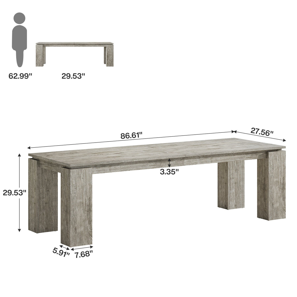 Dimension diagram: 86.61 x 27.56 x 29.53 in with block legs 5.91 x 7.68