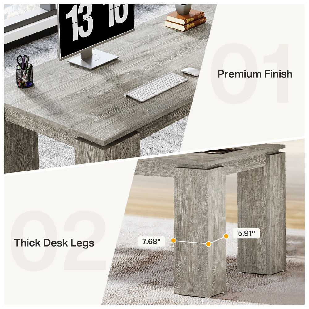 Detail panels: premium gray finish and thick block desk legs