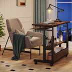 Mobile desk rolled beside an armchair holding a lamp and books on the lower shelves