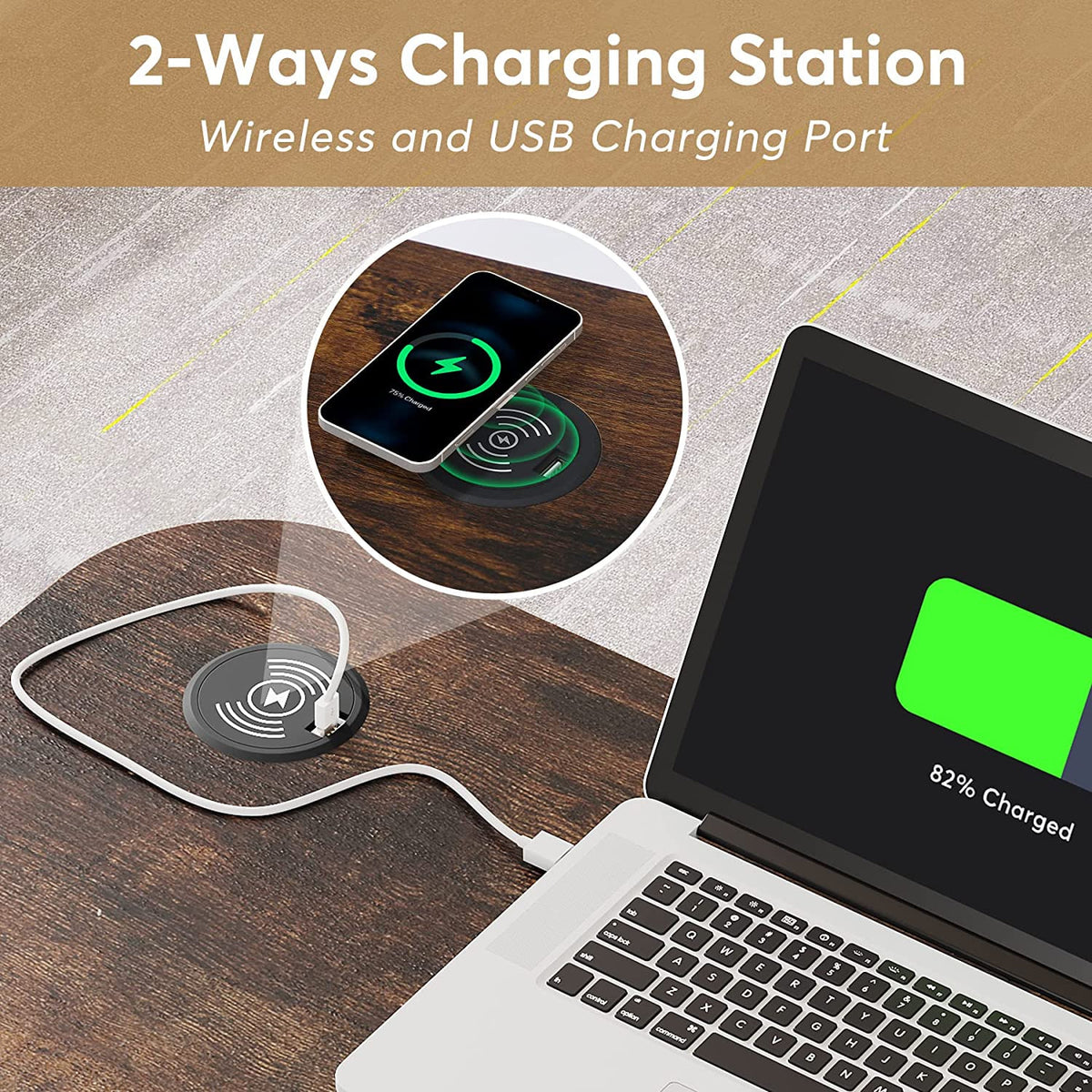 Close view of the wireless charging pad in the desk surface with a phone charging on it